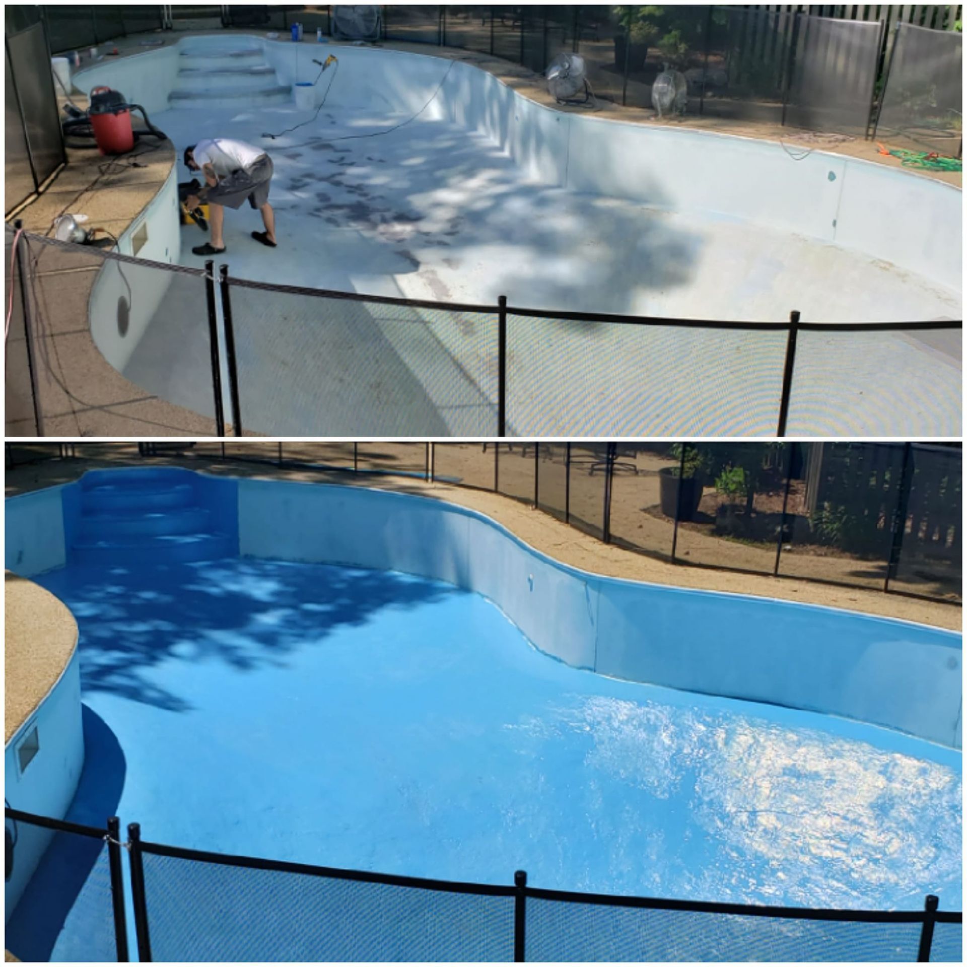 Fiberglass pool shown before and after refinishing, restored to a bright blue finish
